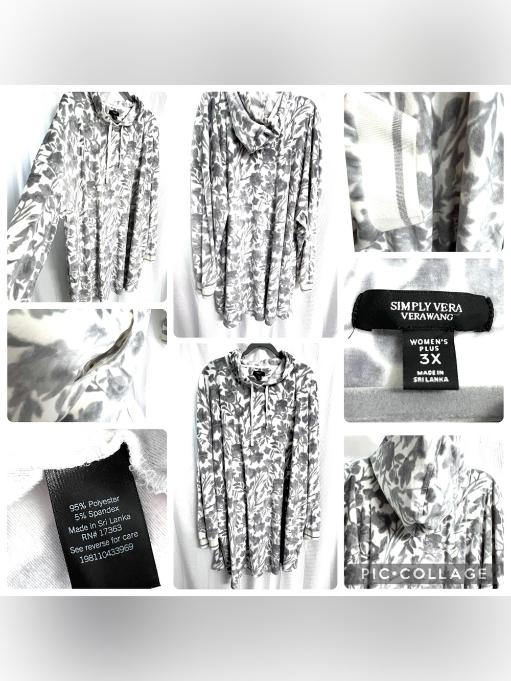 Simply Vera Vera Wang Gray/White Floral Lightweight Hoodie Nightgown